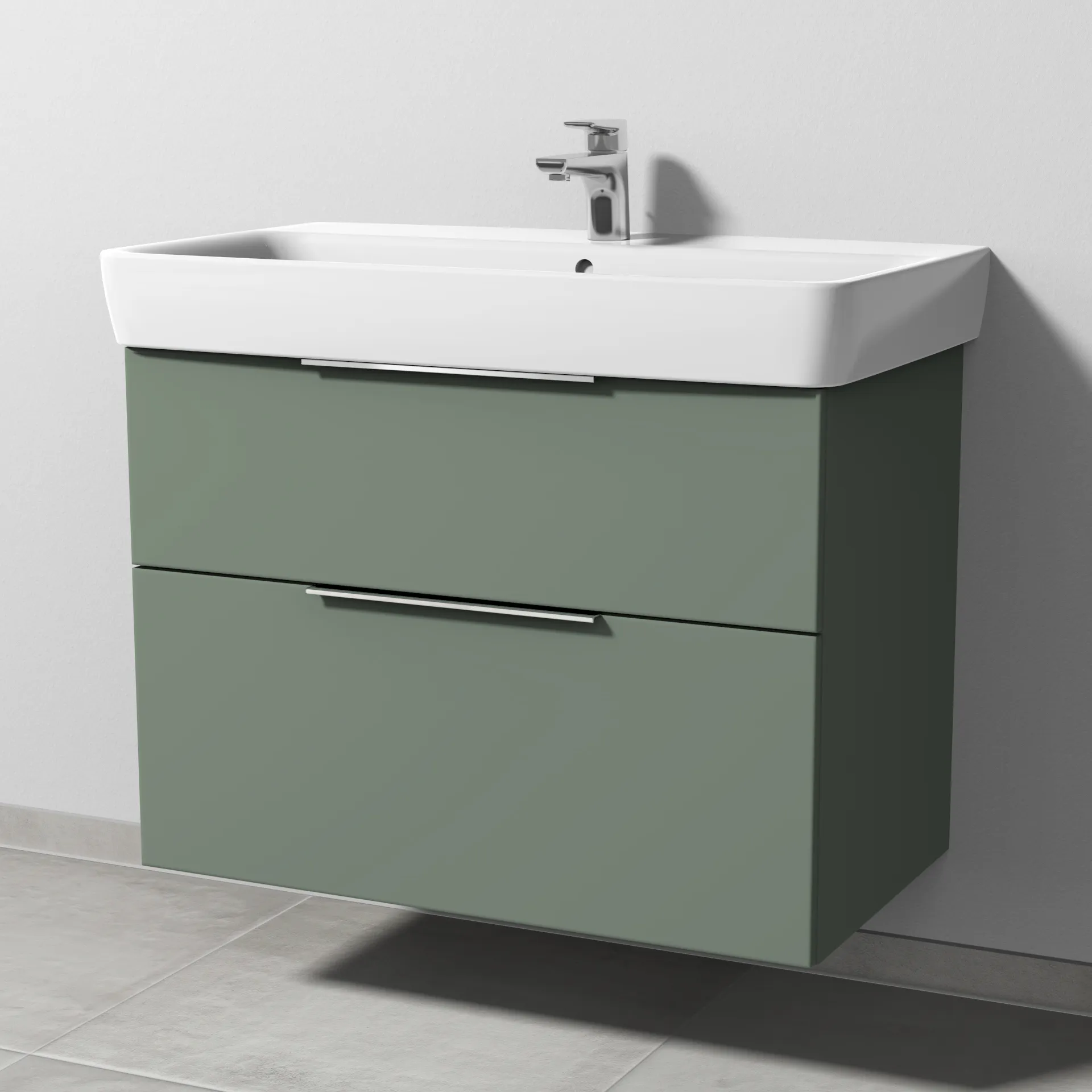 Sanipa Waschtischunterschrank „3way“ passend zu Keramik-Waschtische Renova Plan von Geberit 790 × 588 × 407 mm in Soft-Green, Becken mittig