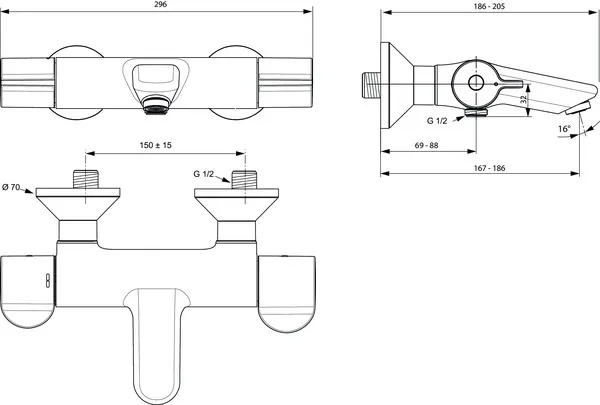 Zweihand-Wannenarmatur „CeraplusSafe“ Ausladung 167 mm