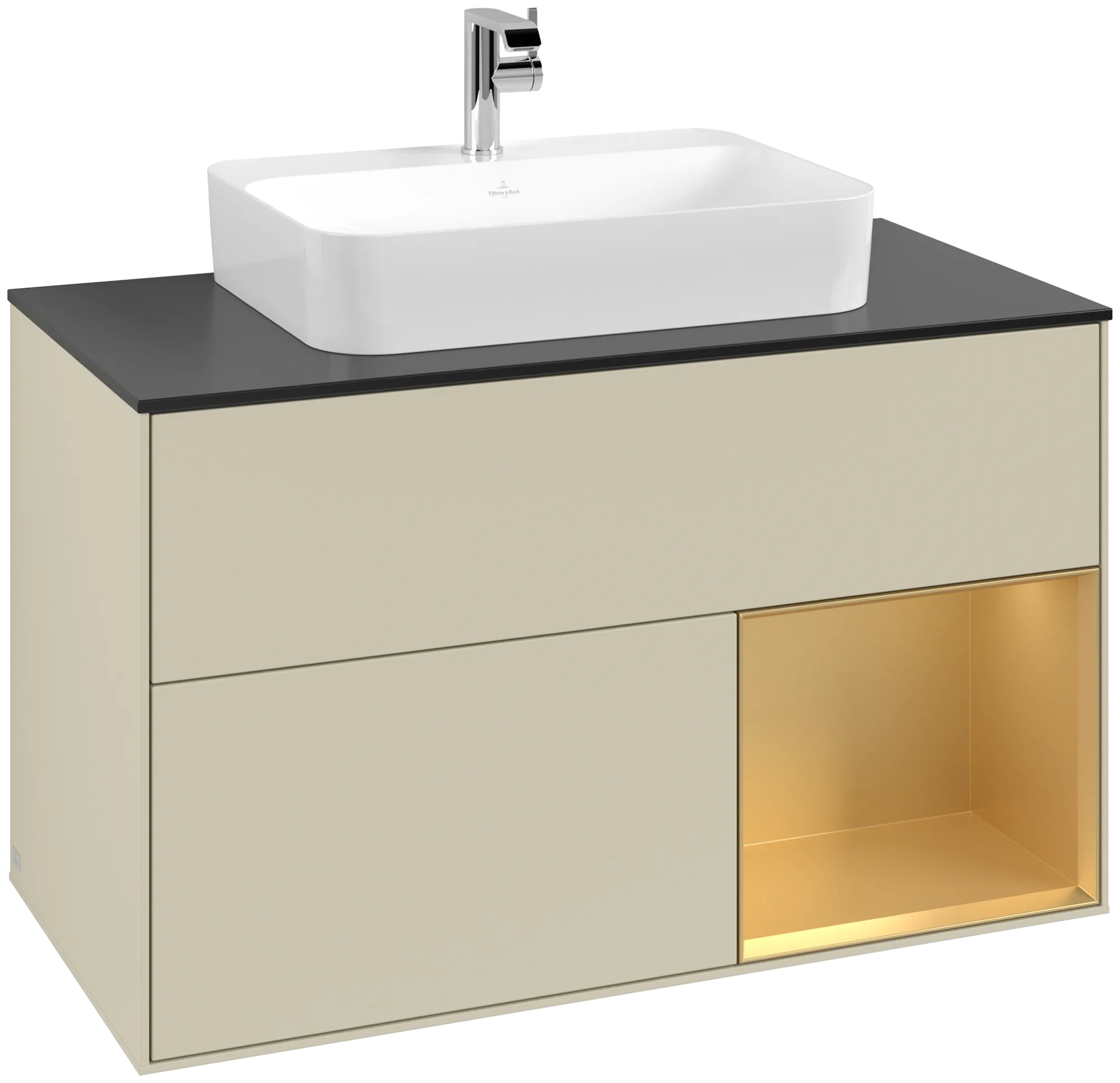 Villeroy & Boch Finion Waschbeckenunterschrank G37, 1000x603x501mm, Silk Grey Matt Lacquer / Gold Matt Lacquer / Glass Black Matt