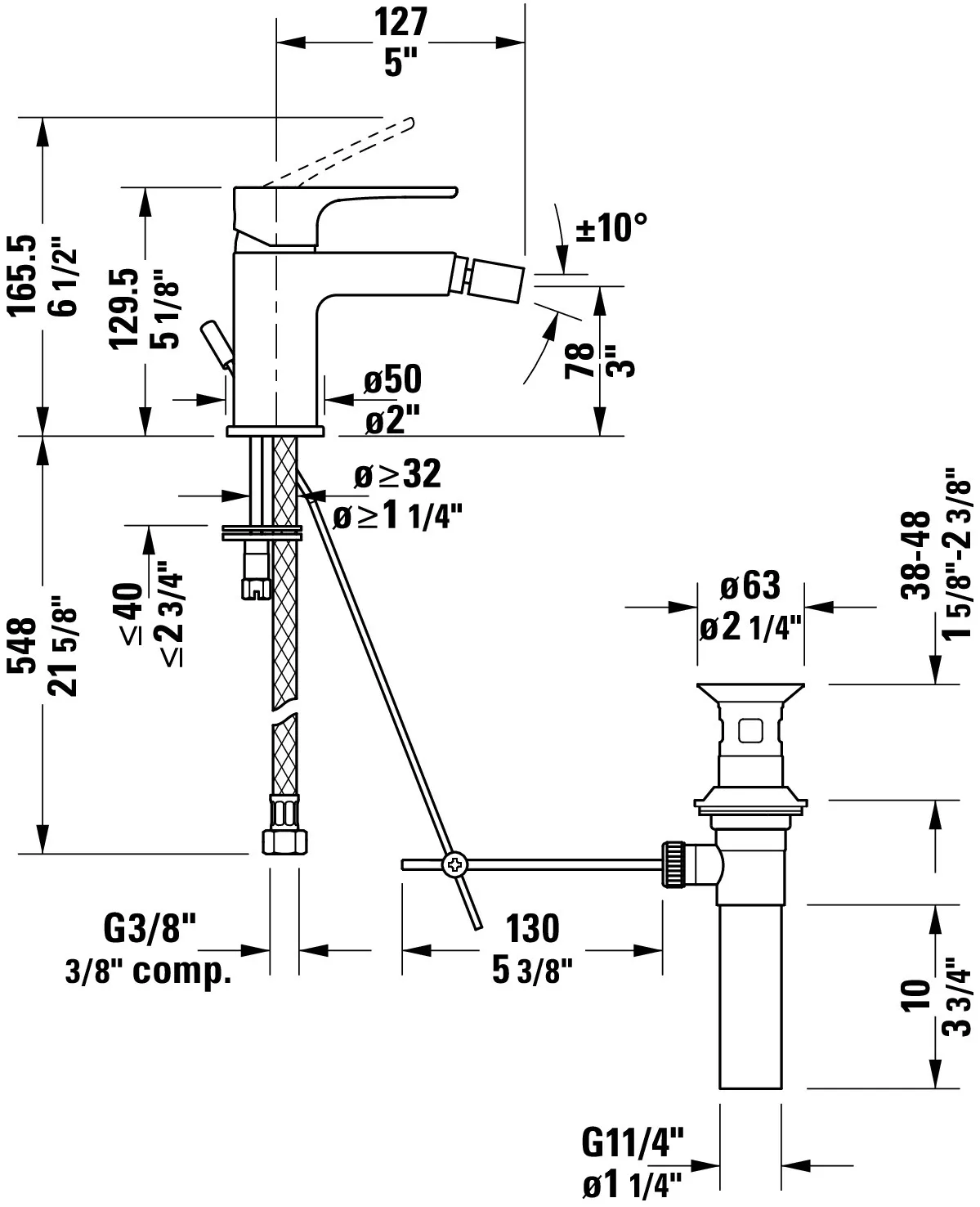 B.1 Einhebel-Bidetmischer Höhe 129,5 Ausladung 127mm