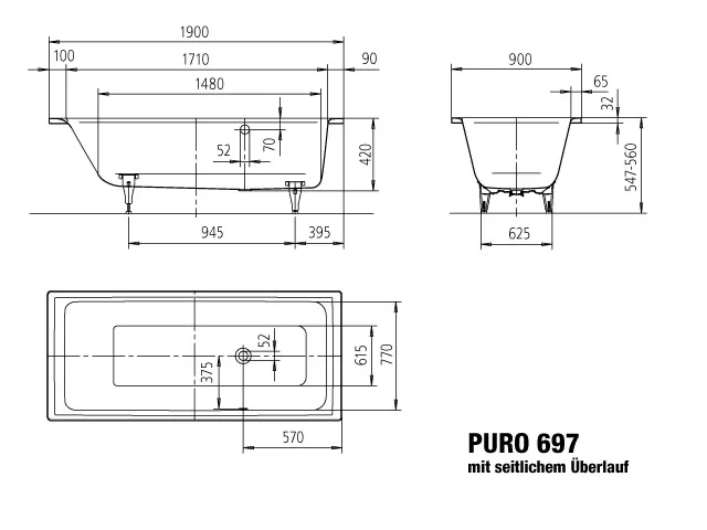 Kaldewei Badewanne „Puro“ rechteck 190 × 90 cm, ohne Grifflochbohrungen mit gegenüberliegender Überlaufbohrung, in alpinweiß Kaldewei Badewanne „Puro“ rechteck 190 × 90 cm, ohne Grifflochbohrungen mit gegenüberliegender Überlaufbohrung, in alpinweiß