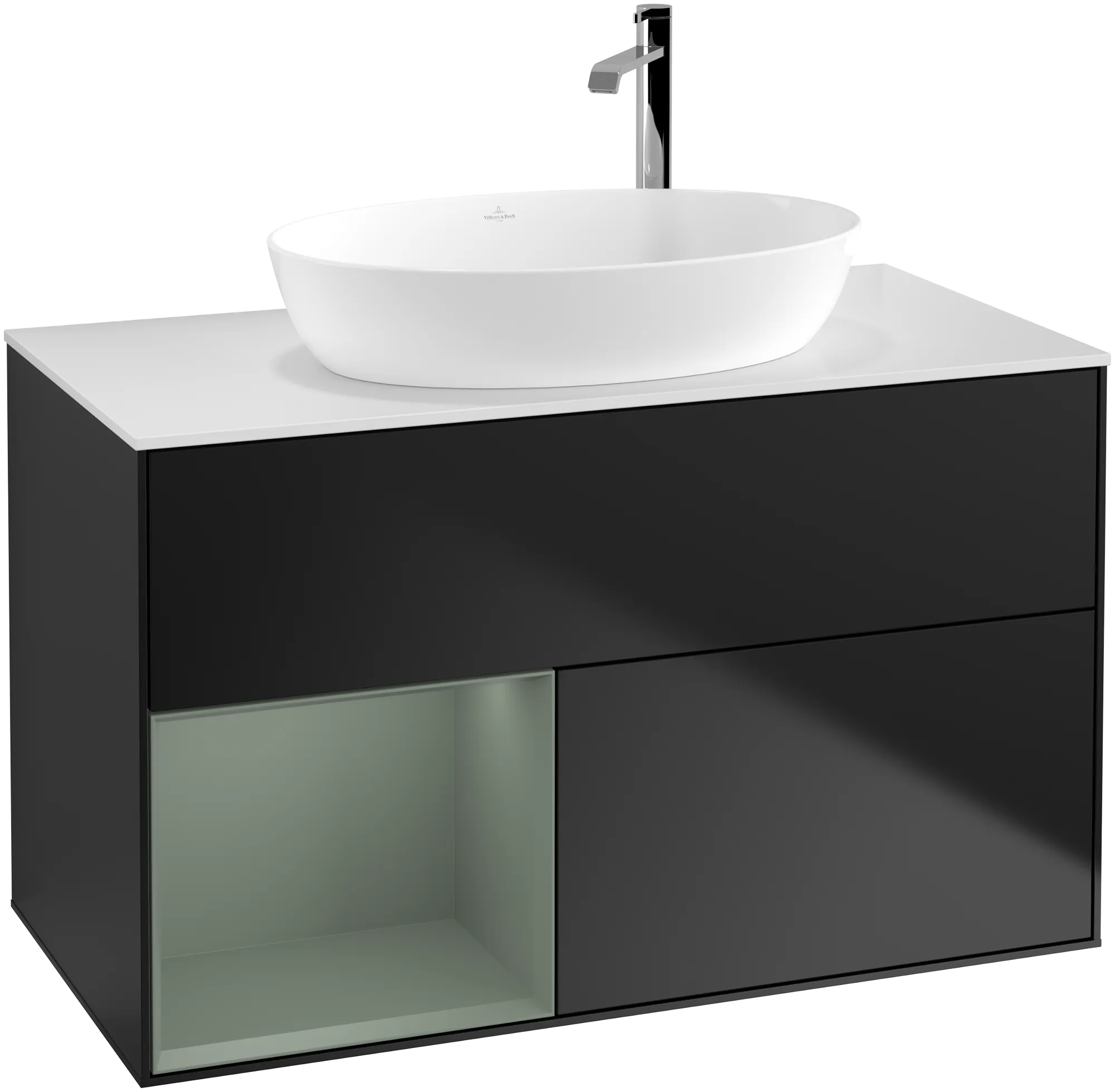 Villeroy & Boch Waschbeckenunterschrank Finion F89, 1000x603x501 mm, Black Matt Lacquer mit Olive Regal, Beleuchtung dimmbar, Push-to-open, SoftClosing