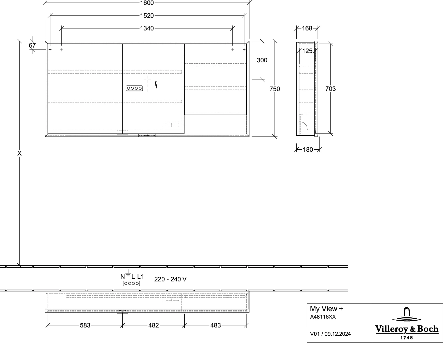 Villeroy & Boch Aufputz-Spiegelschrank My View+ A48116, 1600 x 750 x 168 mm, Kansas Oak