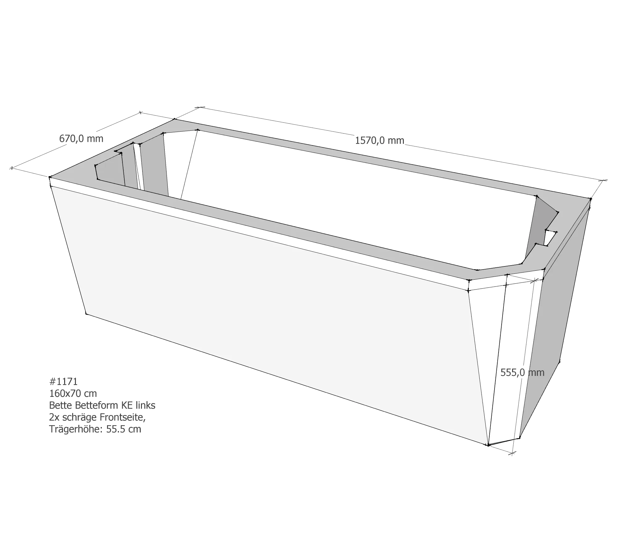 Badewannenträger für Bette Profi-Form KE links schräge Frontseite 160 × 70 × 42 cm Ausführung: links / Breite: 70 cm / Länge: 160 cm Badewannenträger für Bette Profi-Form KE links schräge Frontseite 160 × 70 × 42 cm Ausführung: links / Breite: 70 cm / Länge: 160 cm