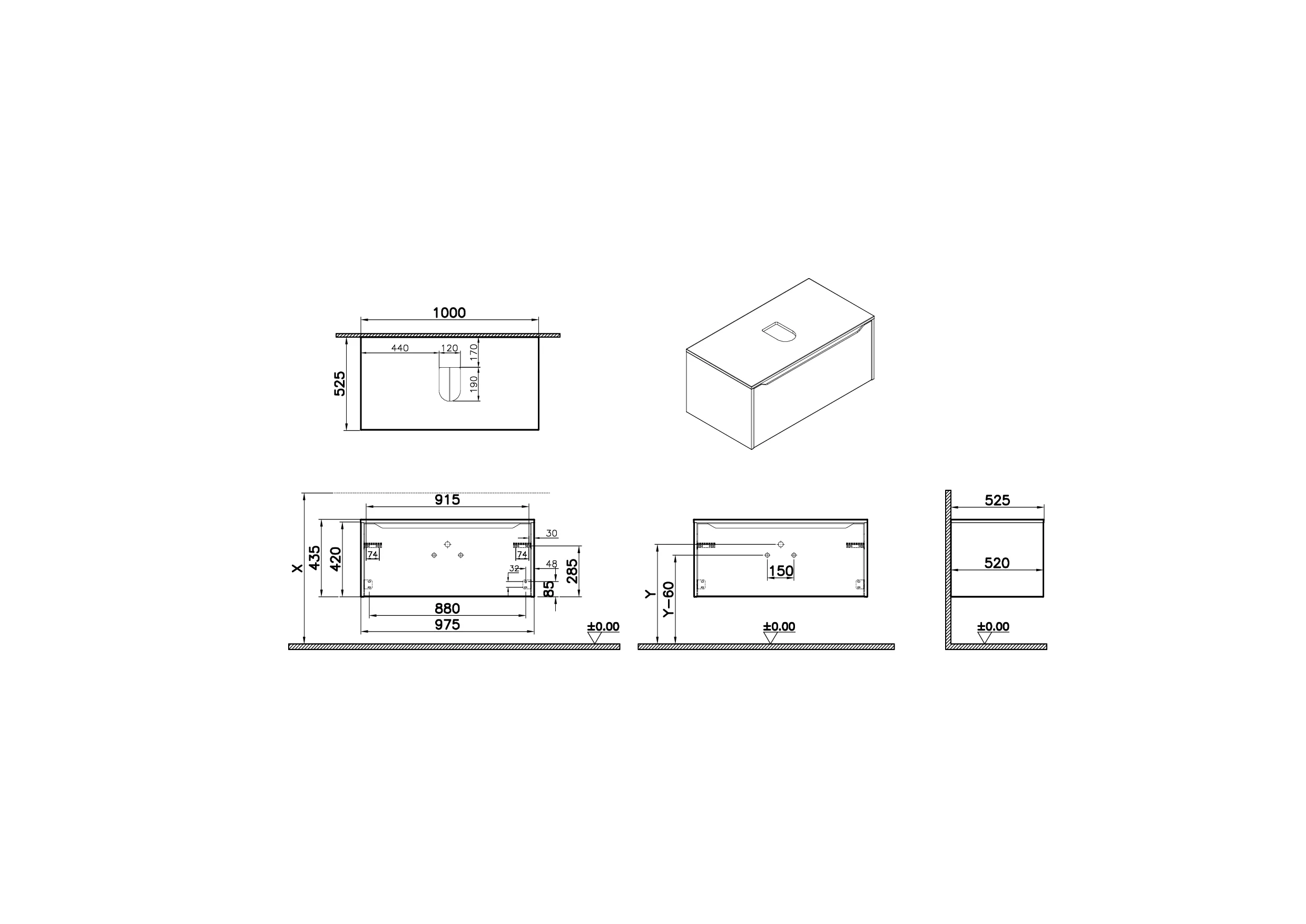 New Integra Square Waschtischunterschrank (Aufsatzwaschtisch) mit 1 Vollauszug 100 x 52 x 43 cm (BxTxH) Hellgrau Matt
