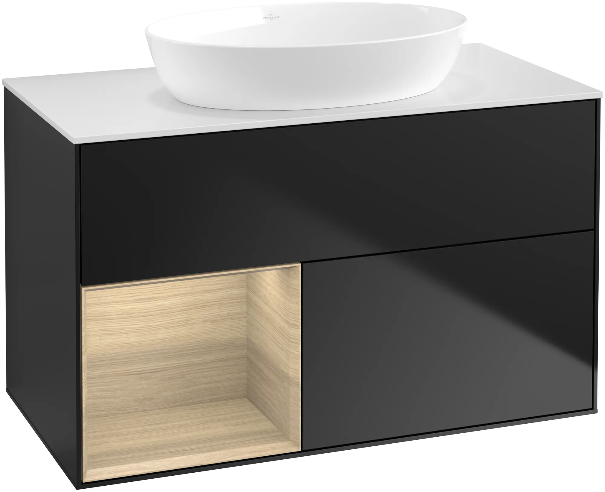 Villeroy & Boch Finion Waschbeckenunterschrank FA1, 1000 x 603 x 501 mm, Black Matt Lacquer / Oak Veneer / Glass White Matt