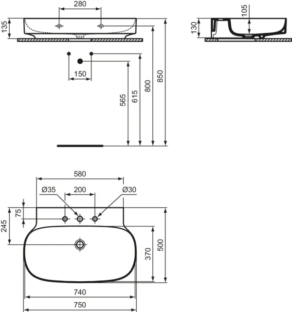 Waschbecken „Linda-X“ 75 × 50 × 13,5 cm, Hahnlochposition mittig in Weiß Waschbecken „Linda-X“ 75 × 50 × 13,5 cm, Hahnlochposition mittig in Weiß