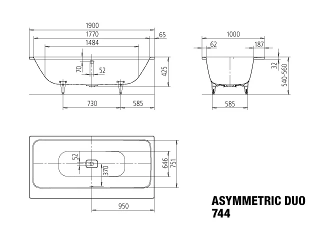 Kaldewei ASYMMETRIC DUO Badewanne, 1900x1000 mm, bahamabeige, Sonderüberlauf, Antislip