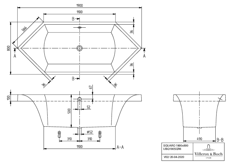 Villeroy & Boch Whirlsystem „Squaro“ mit Whirlsystem „Airpool Entry“ sechseck 190 × 80 cm, sechseckig 