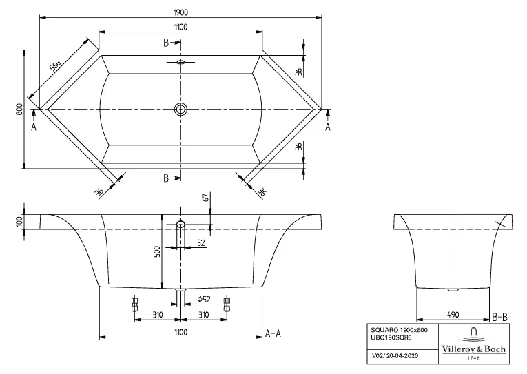 Villeroy & Boch Badewanne „Squaro“ sechseck 190 × 80 cm, Mittelablauf