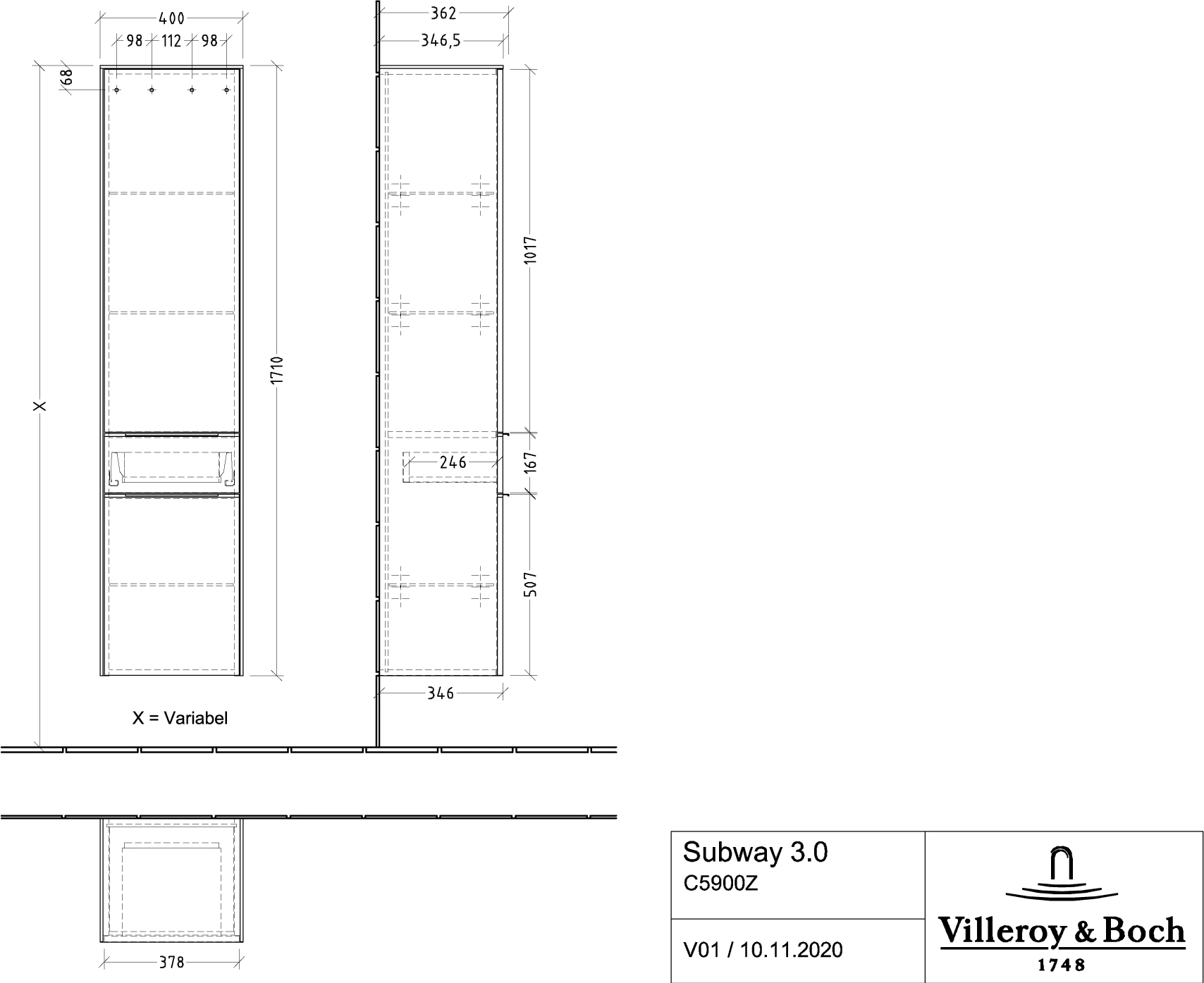 Villeroy & Boch Hochschrank Subway 3.0 C59001, 400x1710x362mm, links Villeroy & Boch Hochschrank Subway 3.0 C59001, 400x1710x362mm, links