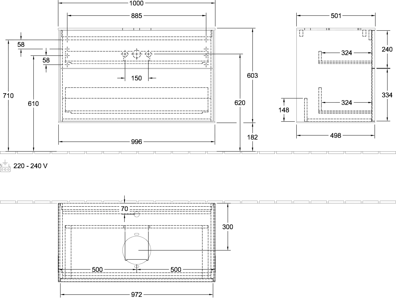 Villeroy & Boch Waschtischunterschrank „Finion“ für Schrankwaschtisch 100 × 60,3 × 50,1 cm 2 Schubladen, für Waschtischposition mittig mittig