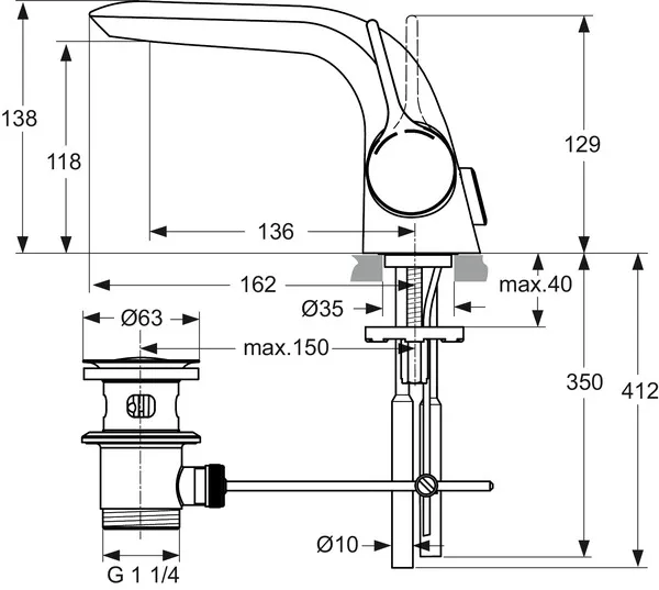 Waschtischarmatur Melange, mit Ablaufgarnitur, CU-Rohren, Ausladung 136mm, Chrom Waschtischarmatur Melange, mit Ablaufgarnitur, CU-Rohren, Ausladung 136mm, Chrom