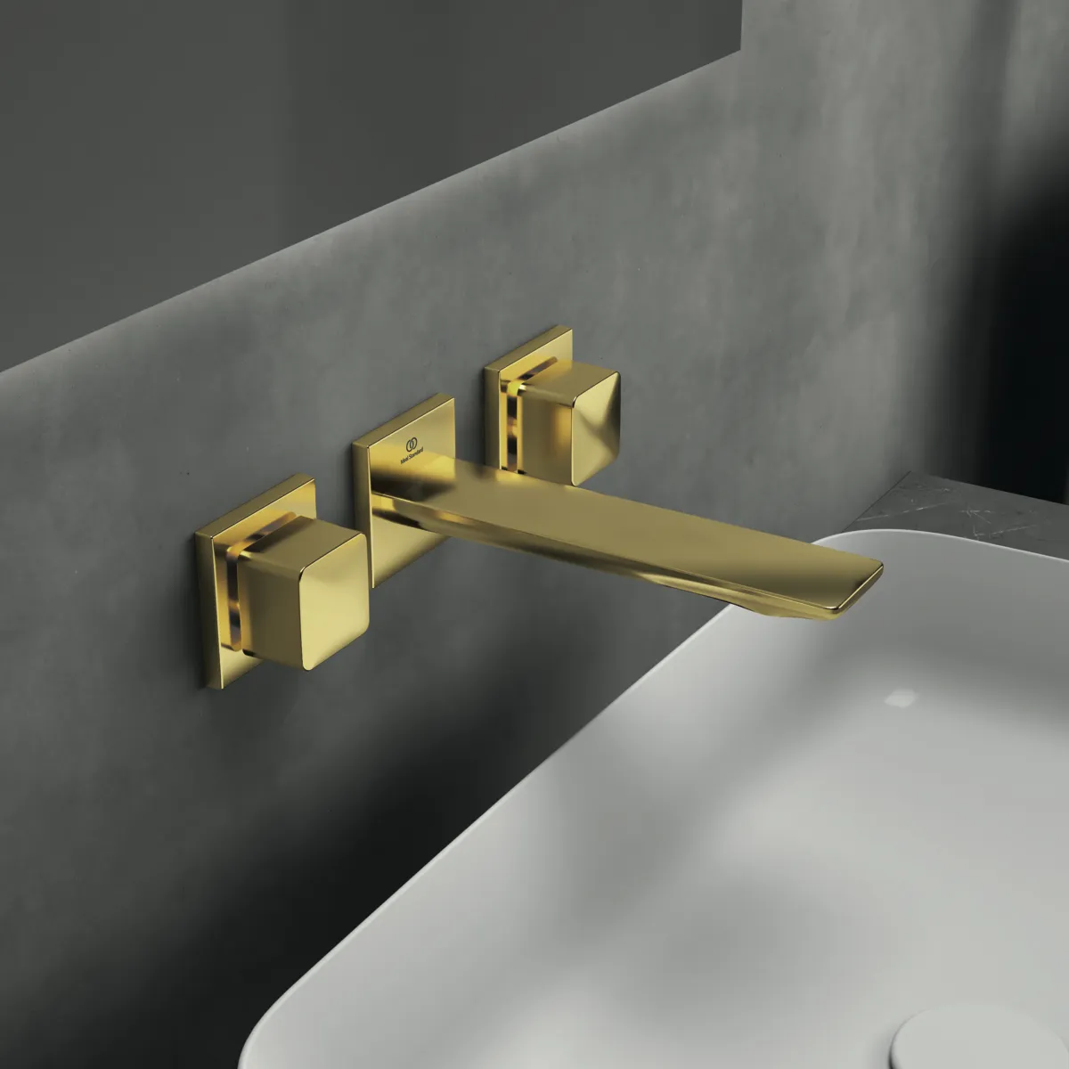 Wand-Waschtischarmatur Conca, Bausatz 2, eckige Rosetten, Ausladung 180mm, Brushed Gold Wand-Waschtischarmatur Conca, Bausatz 2, eckige Rosetten, Ausladung 180mm, Brushed Gold