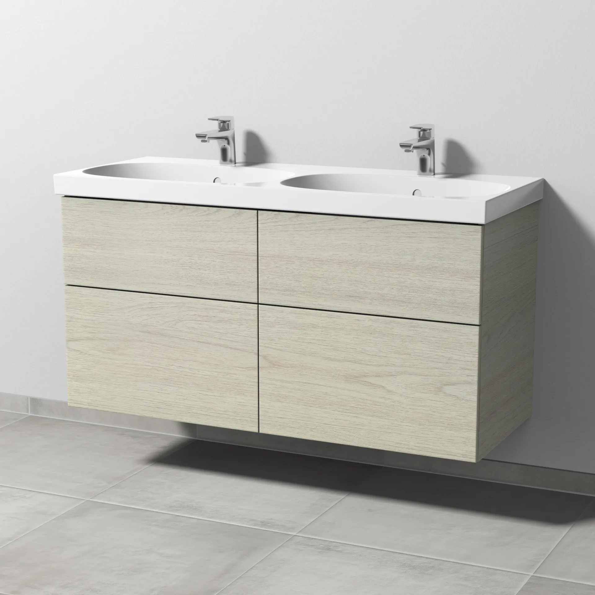 Sanipa Waschtischunterschrank „3way“ passend zu Keramik-Waschtische Acanto von Geberit 1170 × 586 × 467 mm in White Oak, mit Hahnlochbohrung, Becken