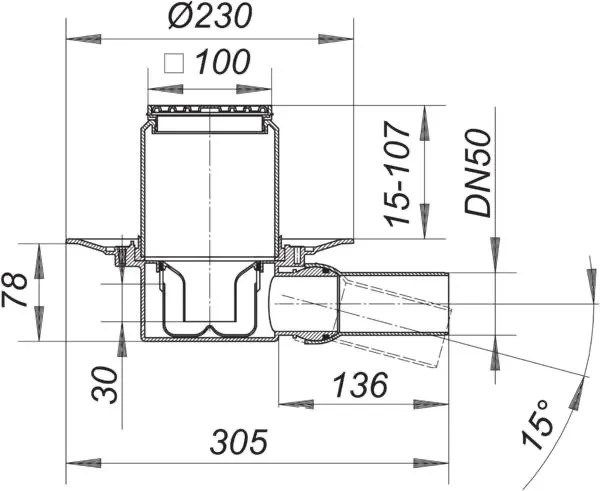 Bodenablauf 42 E, DN 50, 100 x 100 mm