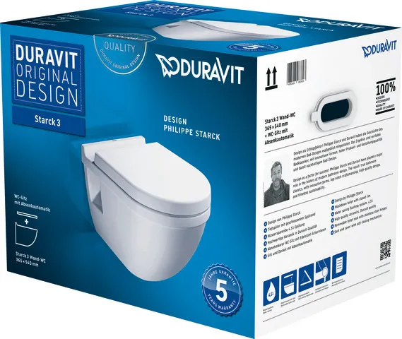 Duravit Wand-Tiefspül-WC inkl. WC-Sitz „Starck 3“ 37 × 54 × 40,5 cm, Befestigung sichtbar Duravit Wand-Tiefspül-WC inkl. WC-Sitz „Starck 3“ 37 × 54 × 40,5 cm, Befestigung sichtbar