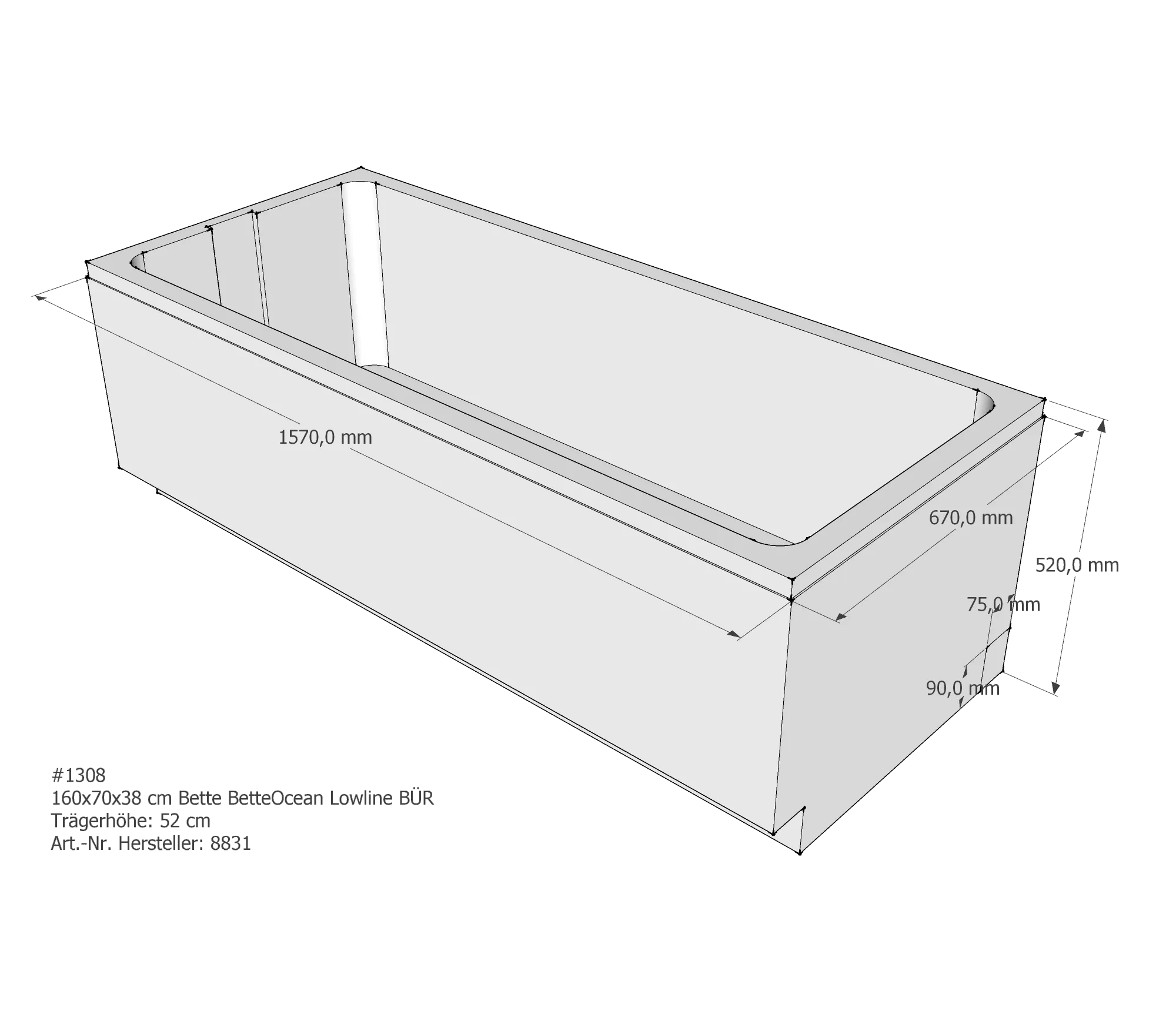 Badewannenträger für Bette Ocean Lowline 160 × 70 × 38 cm Ab- und Überlaufposition: vorn / Breite: 70 cm / Länge: 160 cm