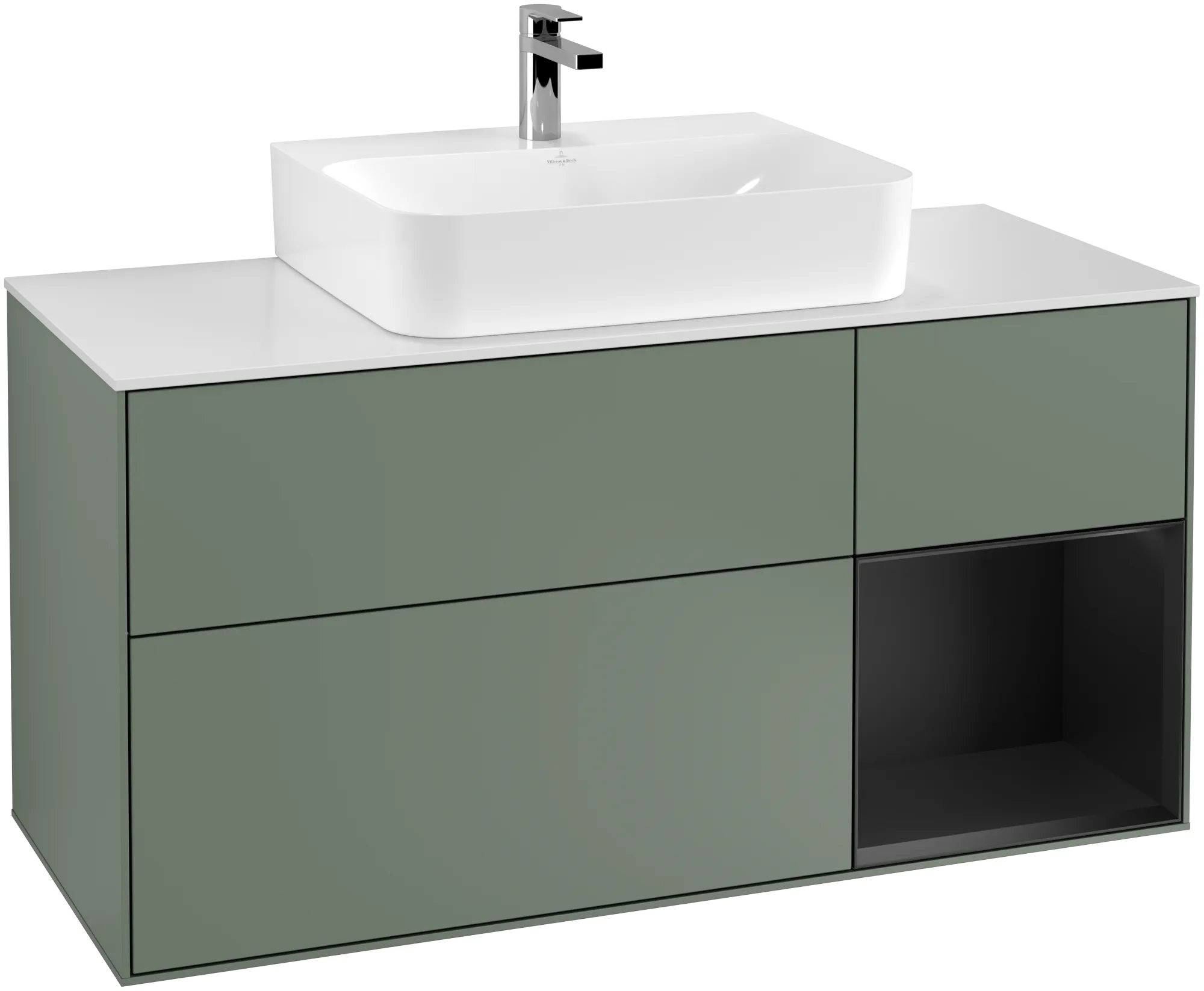Villeroy & Boch Waschbeckenunterschrank Finion G17, 1200x603x501mm, Olive Matt Lacquer / Black Matt Lacquer / Glass White Matt