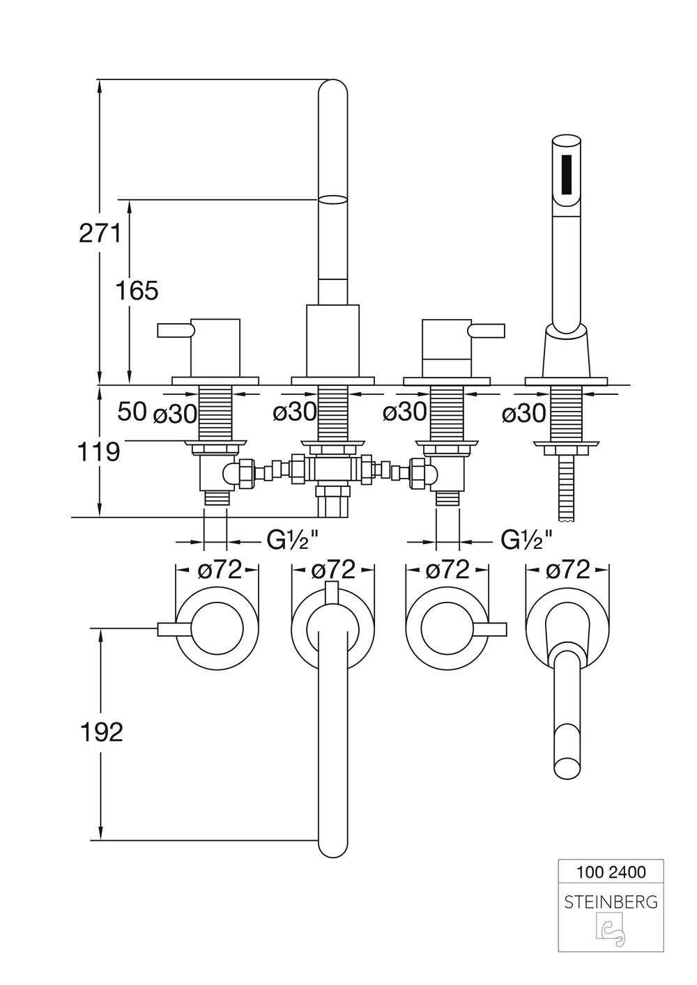 Serie 100 4-Loch Wanne/Brause-Standarmatur mit Ausladung 19,2 cm chrom Serie 100 4-Loch Wanne/Brause-Standarmatur mit Ausladung 19,2 cm chrom