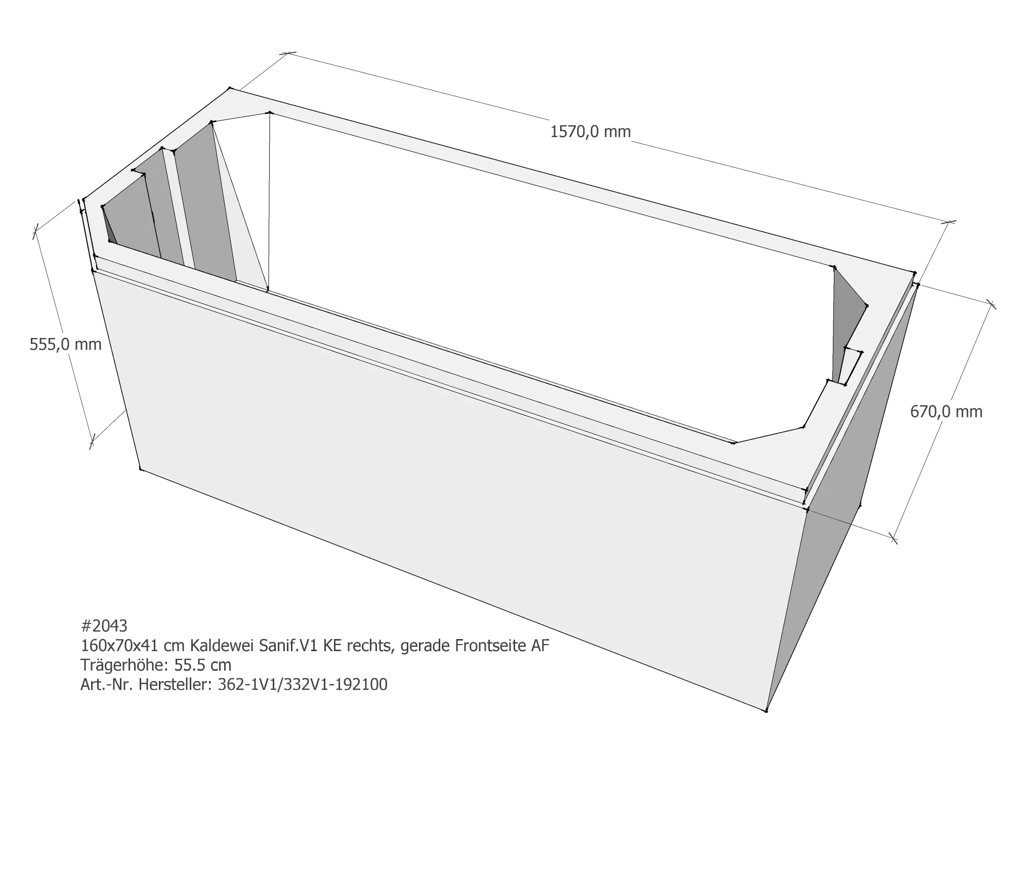 Badewannenträger für Kaldewei Saniform V1 KE rechts gerade Frontseite 160 × 70 × 41 cm