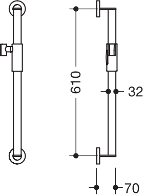 Brausehalterstange, Edelstahl, verchromt, Achsmaß 610 mm, D: 32 mm, 70 mm tief, mit magnetischem Brausehalter