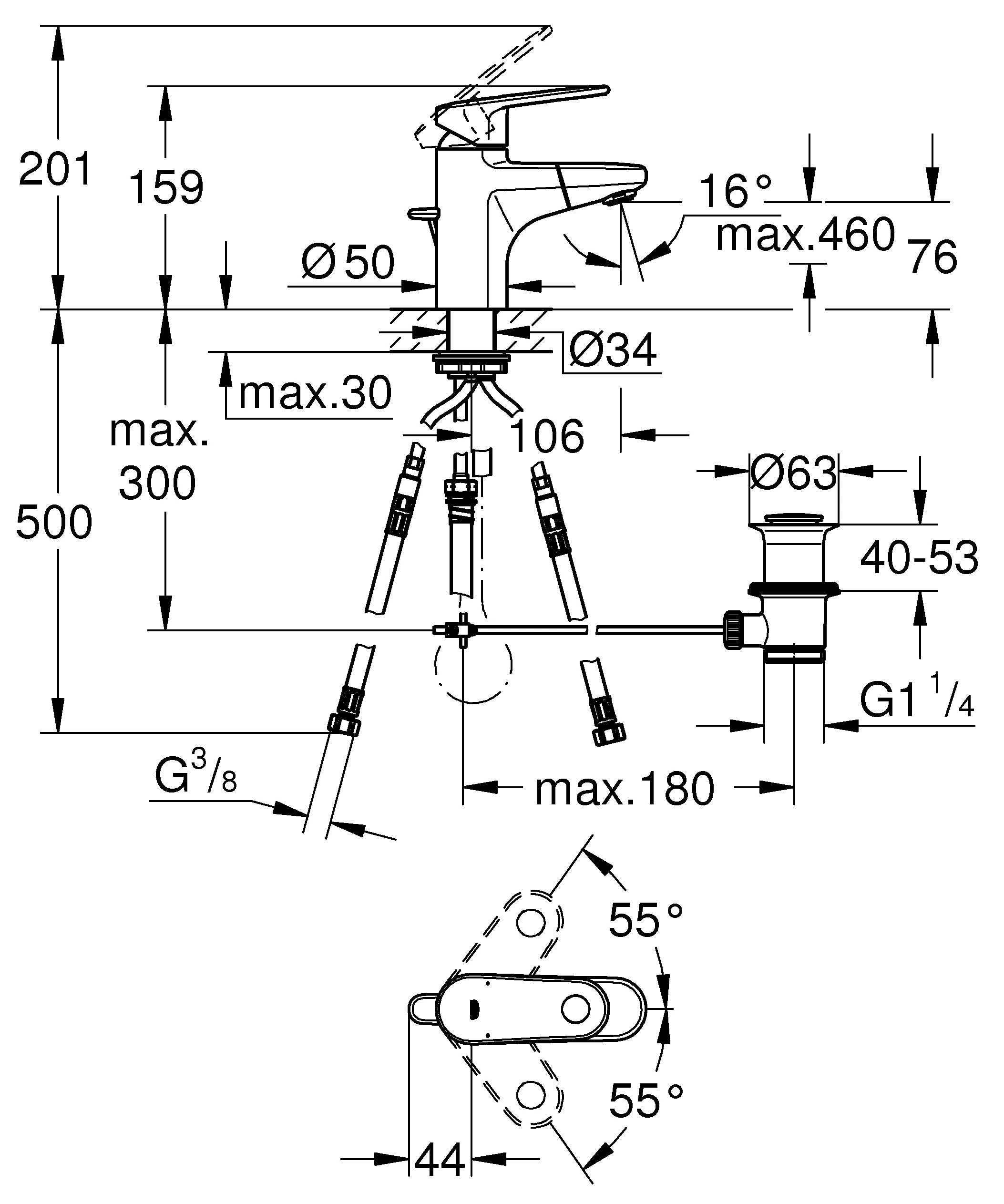 Einhand-Waschtischbatterie Europlus 33155_2, S-Size, Einlochmontage, herausziehbarer Auslauf, Rückflussverhinderer, Zugstangen-Ablaufgarnitur 1 1/4'', chrom