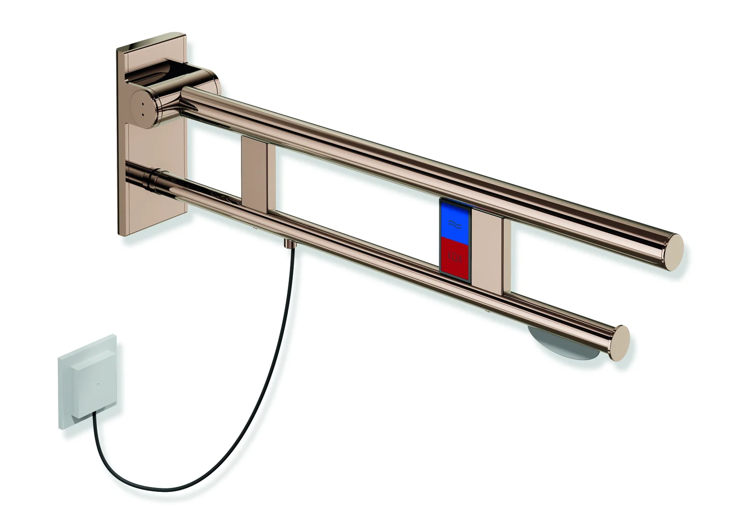 HEWI Stützklappgriff Duo System 900, Design A, Edelstahl PVD, Kupfer glänzend, Ausladung 700 mm, mit WC-Papierhalter und Spül-/Funktionstasten (E-