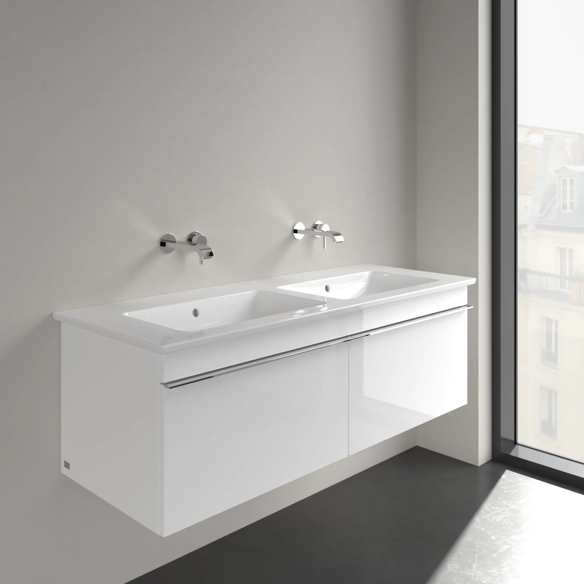 Villeroy & Boch Doppelwaschtisch „Venticello“ 1300 × 500 × 170 mm, für Becken mittig, ohne Hahnlochbohrung in Weiß Alpin Villeroy & Boch Doppelwaschtisch „Venticello“ 1300 × 500 × 170 mm, für Becken mittig, ohne Hahnlochbohrung in Weiß Alpin