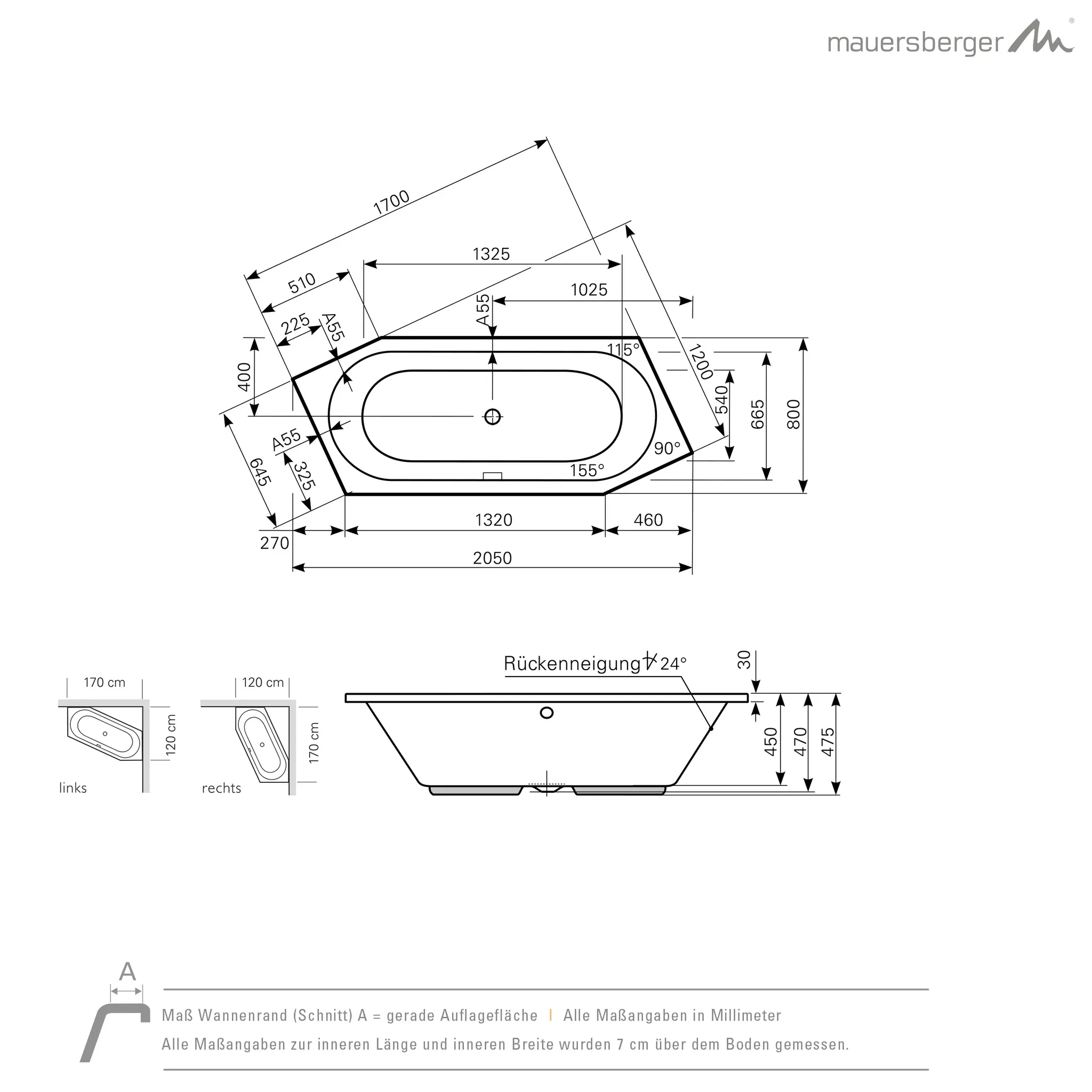 Mauersberger Acryl-Badewanne ovata asym links 2050x800x475
