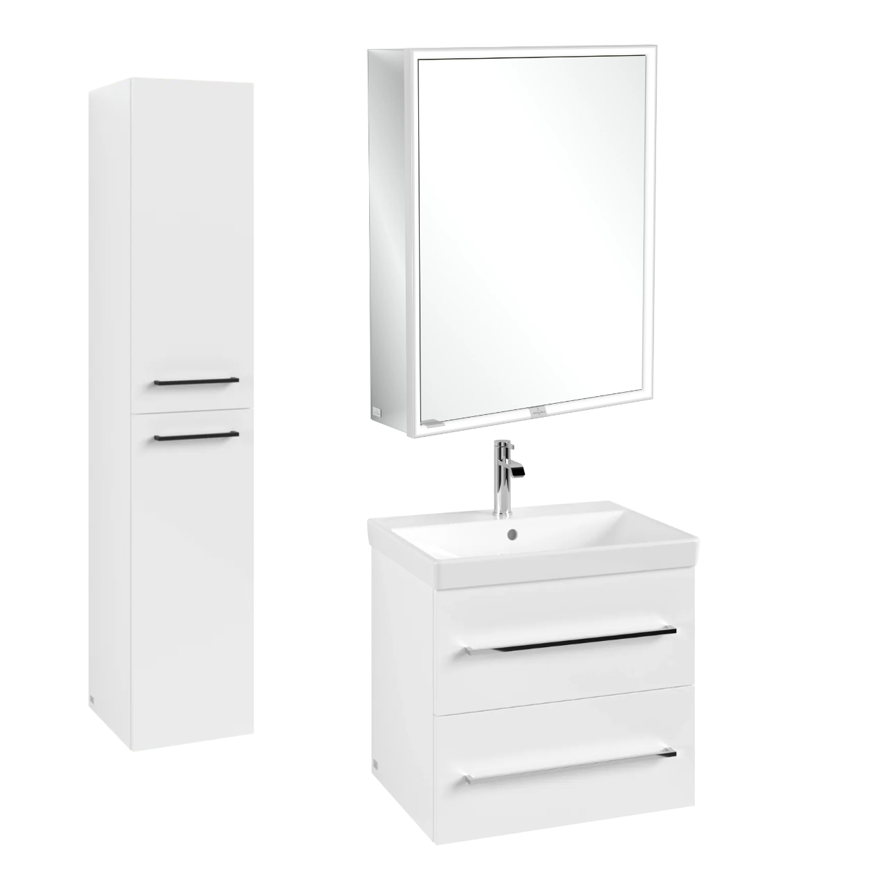 Villeroy & Boch Badmöbelset aus Waschbecken, Unterschrank, Spiegelschrank und Hochschrank in Brilliant White Villeroy & Boch Badmöbelset aus Waschbecken, Unterschrank, Spiegelschrank und Hochschrank in Brilliant White