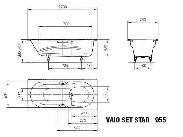 Kaldewei VAIO SET STAR Badewanne, alpinweiß, 1700x750 mm, mit integrierten Armlehnen und seitlichem Überlauf