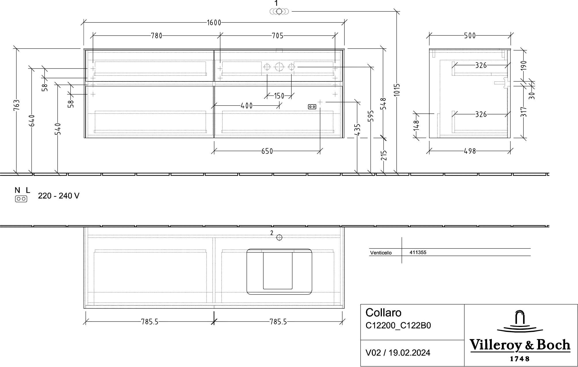 Villeroy & Boch Waschtischunterschrank „Collaro“ 1600 × 548 × 500 mm Glossy Grey, mit Beleuchtung, für Becken rechts Villeroy & Boch Waschtischunterschrank „Collaro“ 1600 × 548 × 500 mm Glossy Grey, mit Beleuchtung, für Becken rechts