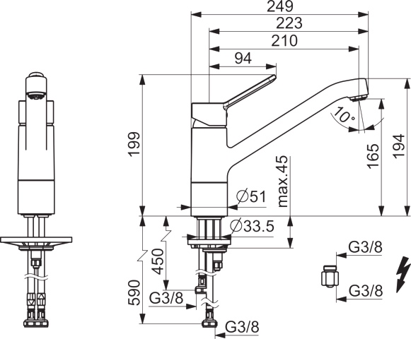 HA Einhebelmischer Küchenarmatur, Niederdruck HANSAPRIMO 4949 Kupferrohr Ausladung 210 mm DN15 Chrom