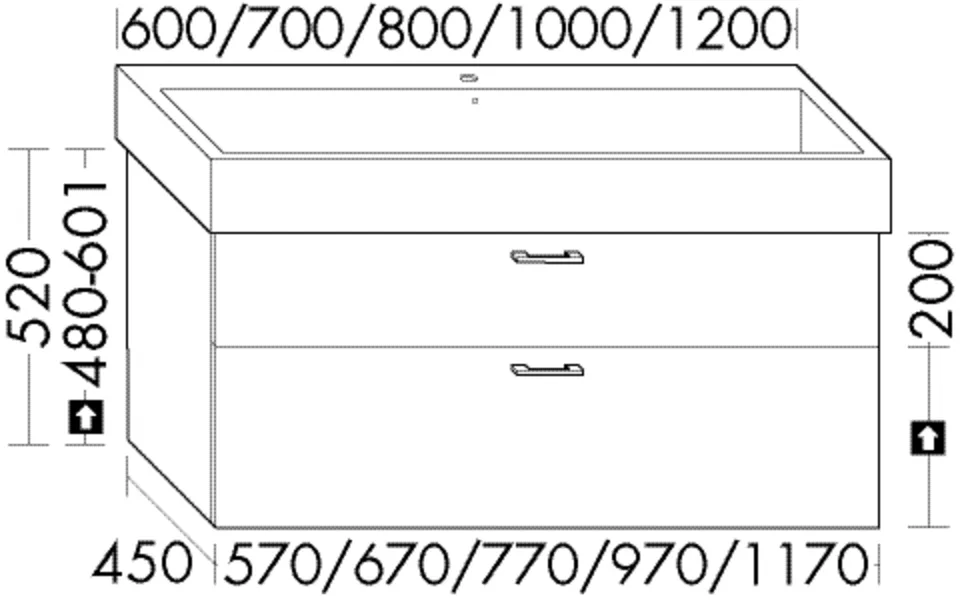 Waschtischunterschrank Sys30 von burgbad - 450 mm tief, 570 mm breit, 520 mm hoch, mit 1 Schublade oben und 1 Auszug unten, für Duravit Vero Air 235060