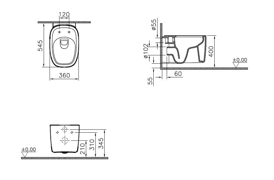 VitrA Plural Tiefspüler-Wand-WC Flush 2.0 ohne Spülrand, 36 x 55 cm, Edelweiß
