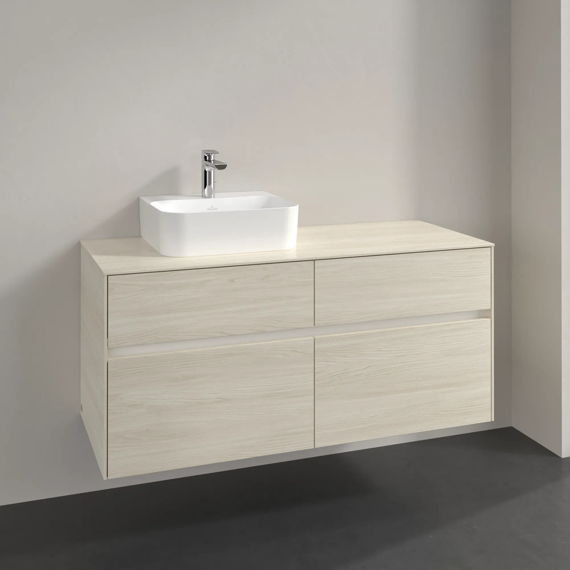 Villeroy & Boch Waschtischunterschrank „Collaro“ 1200 × 548 × 500 mm White Oak, mit Beleuchtung, für Becken links Villeroy & Boch Waschtischunterschrank „Collaro“ 1200 × 548 × 500 mm White Oak, mit Beleuchtung, für Becken links