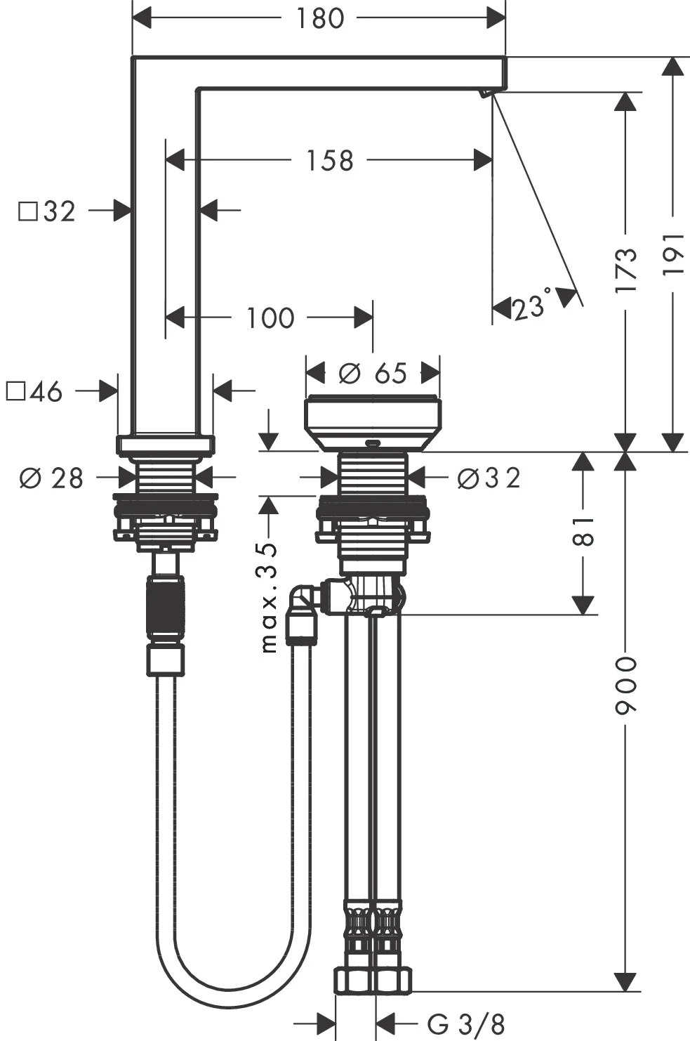 Hansgrohe Tecturis E 2-Loch Waschtischmischer 150 Chrom, Ausladung 158 mm, Auslaufhöhe 173 mm, Zylindergriff, WaterfallStream, max. Durchflussmenge 4 l/min