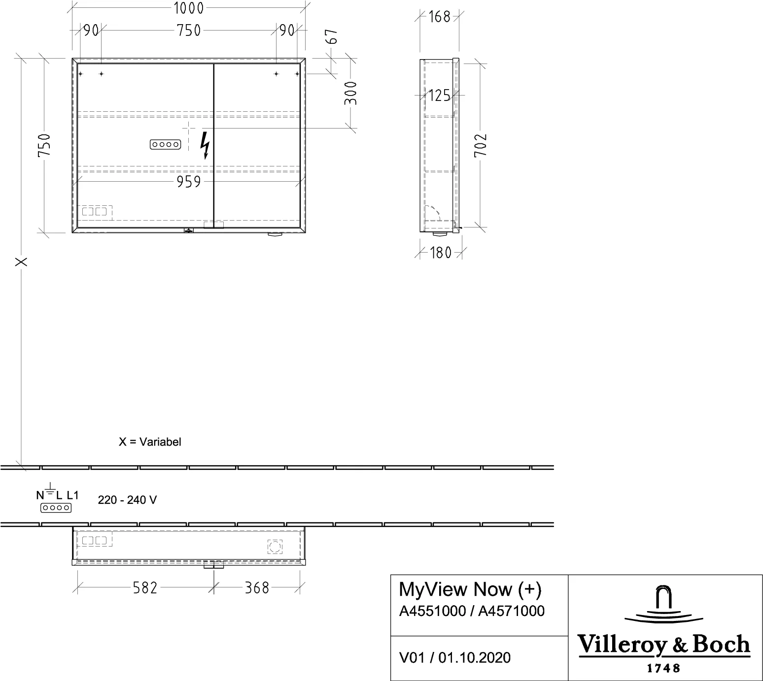 Villeroy & Boch My View Now Vorbau-Spiegelschrank A45710 1000x750x168mm mit Beleuchtung