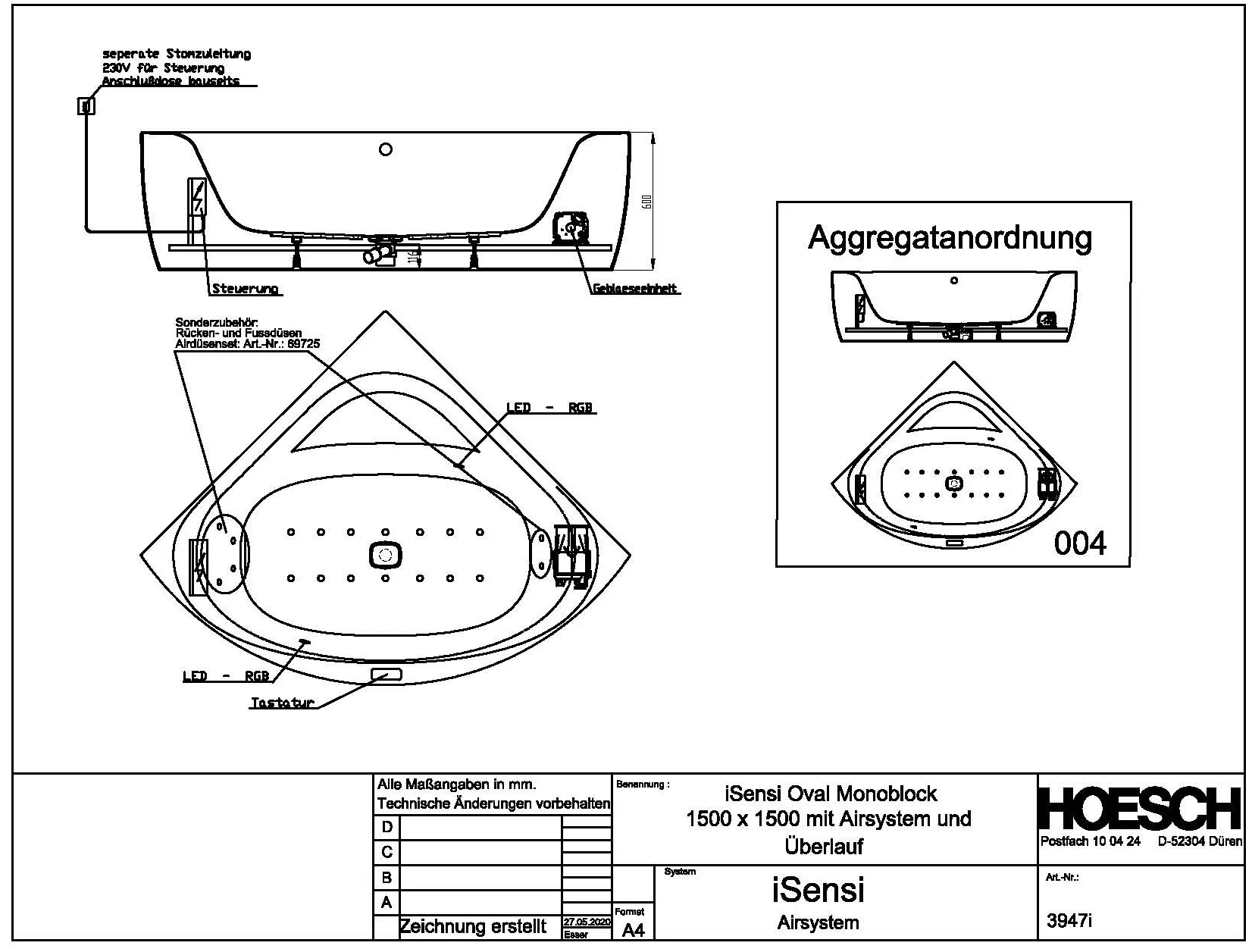 Hoesch Whirlwanne „iSensi“ Monolith mit Airsystem „iSensi“ eck 150 × 150 cm in Weiß-Grau