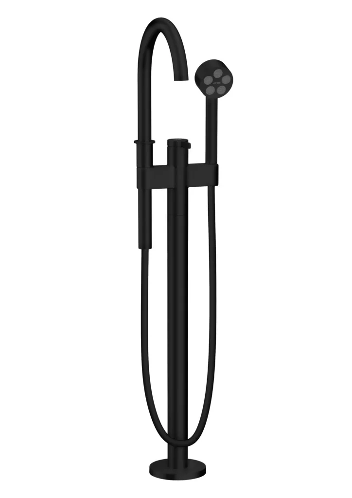 Hansgrohe AXOR One Wannenmischer bodenstehend mattschwarz, Ausladung 220 mm, Keramikmischsystem, PowderRain Handbrause