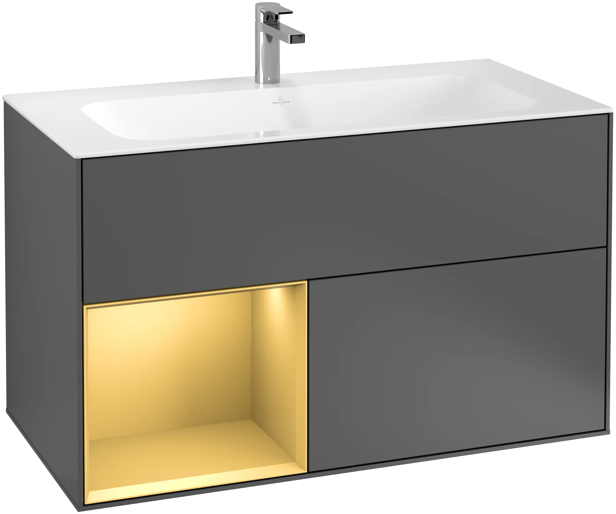 Villeroy & Boch Waschbeckenunterschrank Finion F03, Anthracite Matt Lacquer mit Gold Regal, 996x591x498 mm, mit Beleuchtung und Push-to-open Funktion