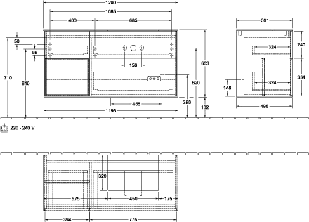 Villeroy & Boch Waschtischunterschrank „Finion“ für Schrankwaschtisch 120 × 60,3 × 50,1 cm 3 Schubladen, für Waschtischposition rechts, inkl. Beleuchtung in rechts