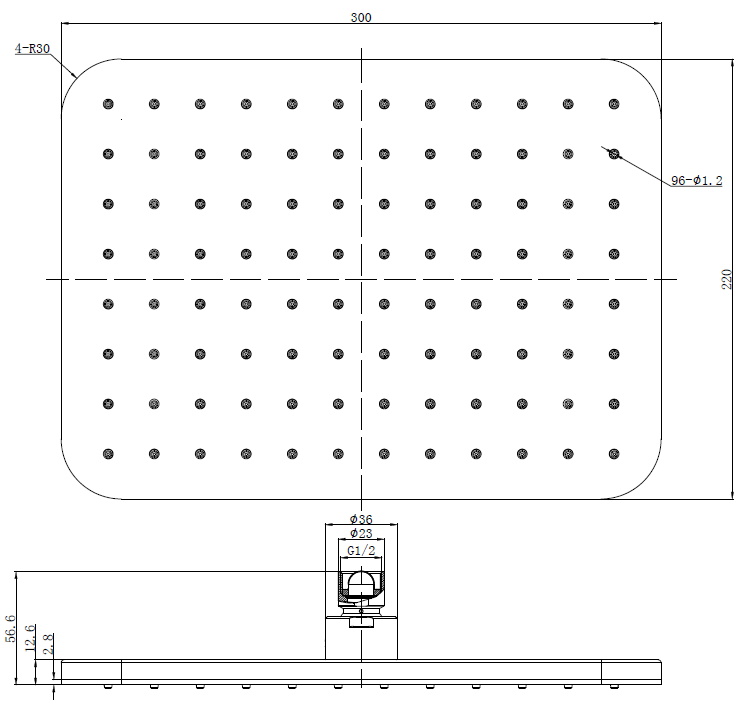 Kopfbrause AqvaShower - rund - 310 × 200 mm - Höhe 12,5 mm -"easy-clean" - 1/2″ IG - Kugelgelenk, 45° schwenkbar - transparente Acryl-Strahlplatte - Messing-Abdeckung - weiß / chrom