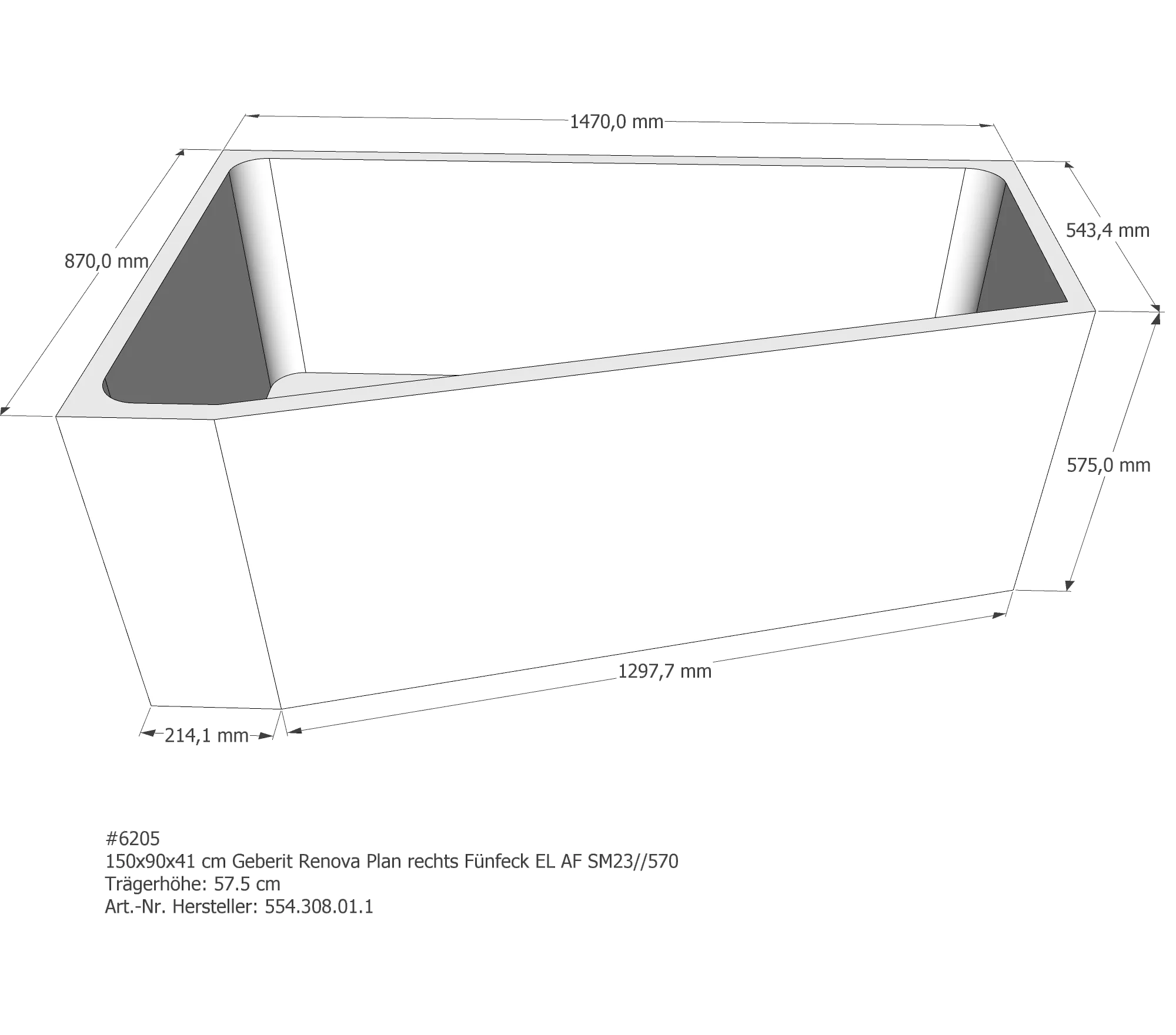 Badewannenträger für Geberit Renova Plan rechts rechts 150 × 90 × 41 cm