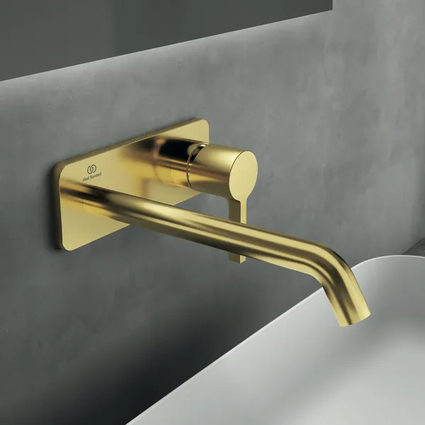 Wand-Waschtischarmatur Joy, Bausatz 2, eckige Rosette, Ausladung 220mm, Brushed Gold Wand-Waschtischarmatur Joy, Bausatz 2, eckige Rosette, Ausladung 220mm, Brushed Gold