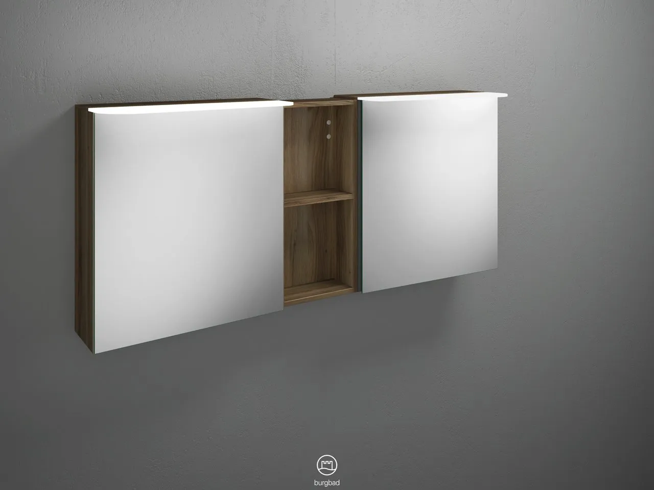 Badu Spiegelschrank SFTY150 von burgbad – 310 mm tief, 1.500 mm breit, 665 mm hoch, beidseitig verspiegelt mit LED-Aufsatzleuchten und Regal Badu Spiegelschrank SFTY150 von burgbad – 310 mm tief, 1.500 mm breit, 665 mm hoch, beidseitig verspiegelt mit LED-Aufsatzleuchten und Regal