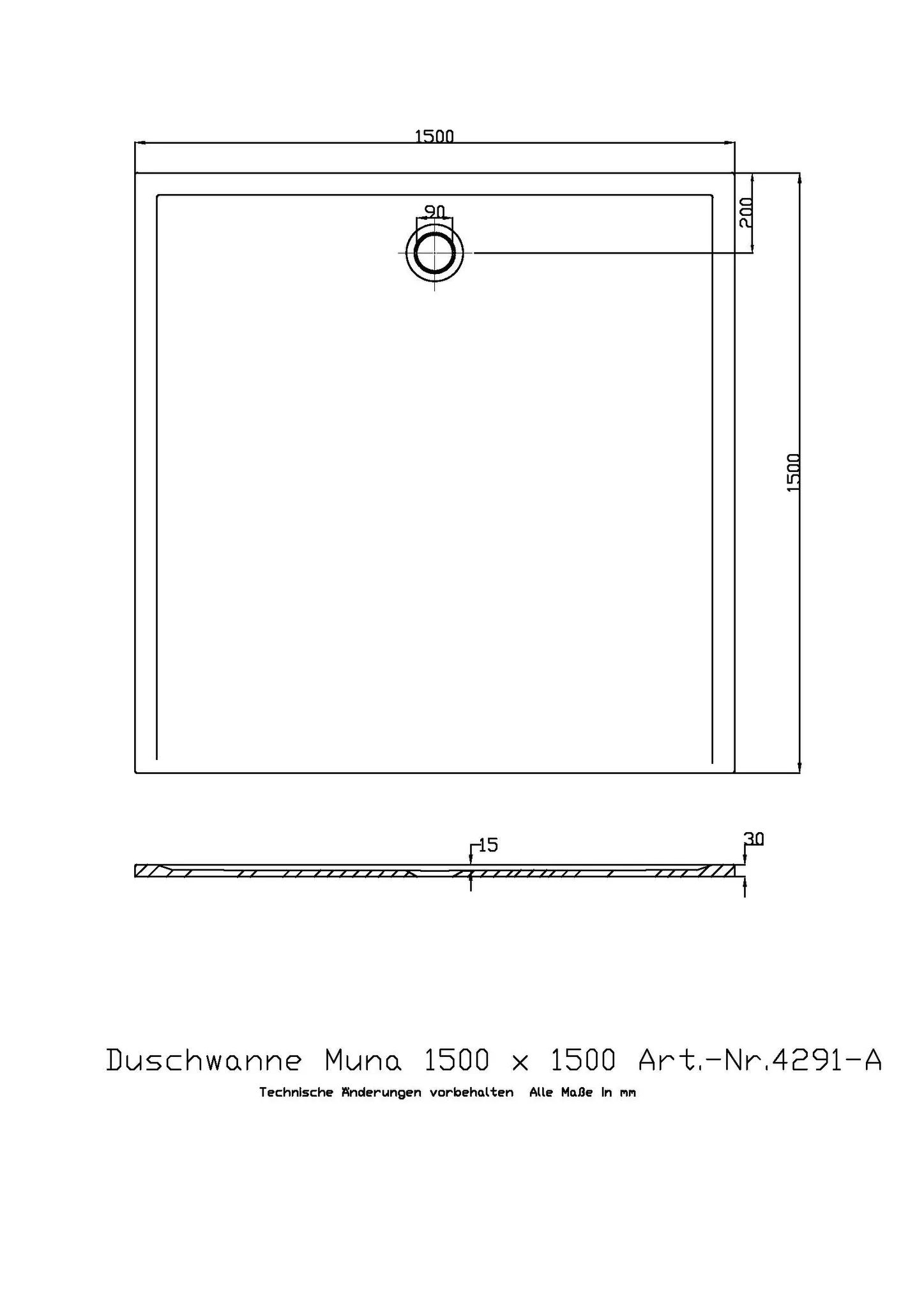 Hoesch Muna S Duschwanne Mineralguss Solique Steingrau 1500x1500x30