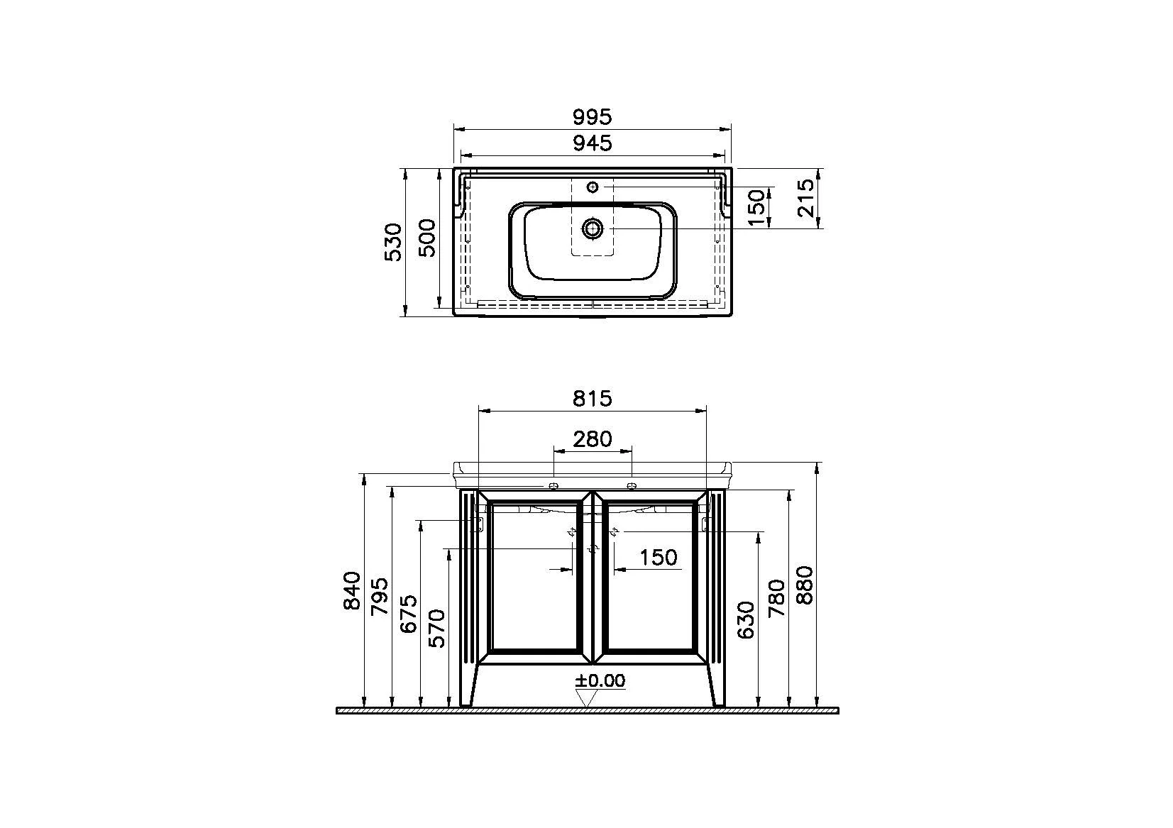 Valarte Set 100 cm Möbelwaschtisch + Waschtischunterschrank 2 Türen Elfenbein Matt