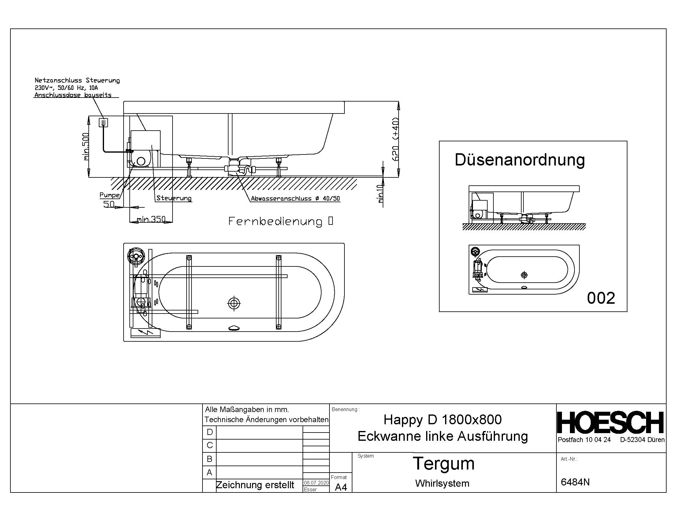 Hoesch Whirlwanne „Happy D.“ mit Whirlsystem „Tergum“ eck, asymmetrisch 180 × 80 cm in 